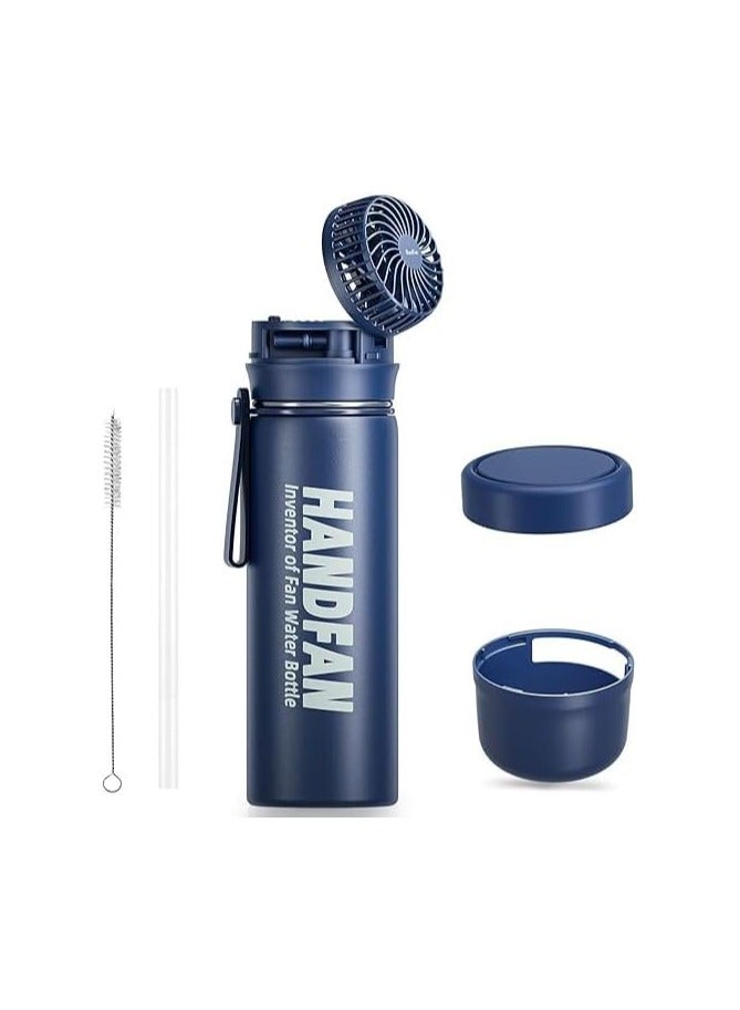 HandFan BM224 – 24oz Insulated Water Bottle with Built-in Fan & Straw – Stainless Steel Hot & Cold Flask, Sports Thermo Mug for Gym, Running, Travel – Blue - Image 1