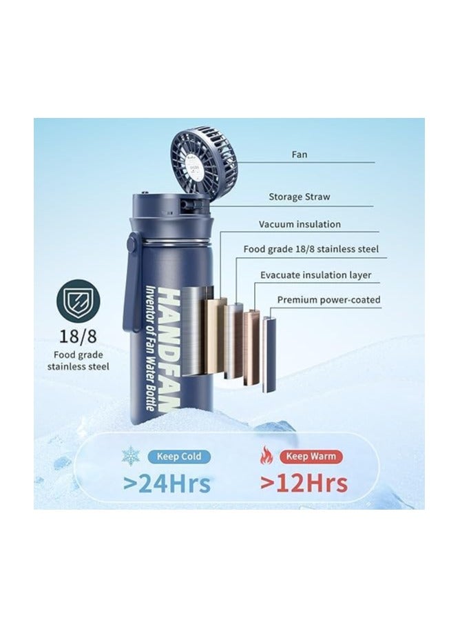 HandFan BM224 – 24oz Insulated Water Bottle with Built-in Fan & Straw – Stainless Steel Hot & Cold Flask, Sports Thermo Mug for Gym, Running, Travel – Blue - Image 2