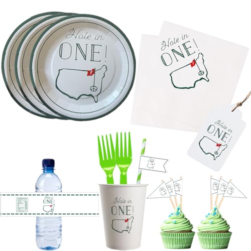 Geloar Hole in One Golf Party Decorations, 240-Piece Set with Cocktail Napkins, Plates, Cups, Bottle Labels, Toothpick Flags, Straws, Gift Tags, and Forks for Golf Birthday and 1st Hole in One Parties - Image 1
