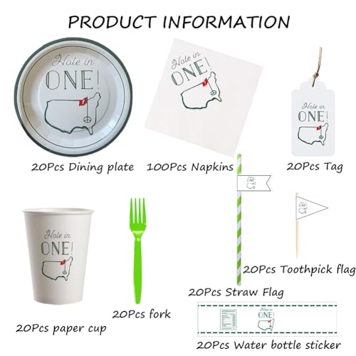 Geloar Hole in One Golf Party Decorations, 240-Piece Set with Cocktail Napkins, Plates, Cups, Bottle Labels, Toothpick Flags, Straws, Gift Tags, and Forks for Golf Birthday and 1st Hole in One Parties - Image 2