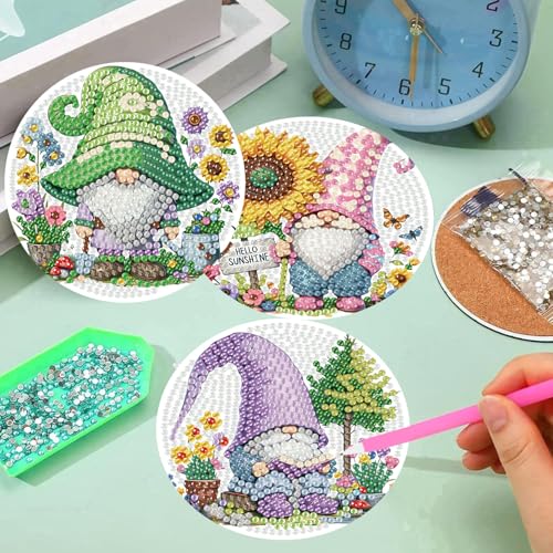 mrpwnle 8 Pack Diamond Art Coasters Kits, Gnomes Diamond Painting Coasters Kit Set with Holder Cork Pads, DIY Gnome Diamonds Art Non Slip Coaster Crafts Kits for Adults Beginners Gifts - Image 3