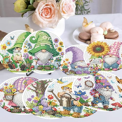 mrpwnle 8 Pack Diamond Art Coasters Kits, Gnomes Diamond Painting Coasters Kit Set with Holder Cork Pads, DIY Gnome Diamonds Art Non Slip Coaster Crafts Kits for Adults Beginners Gifts - Image 2