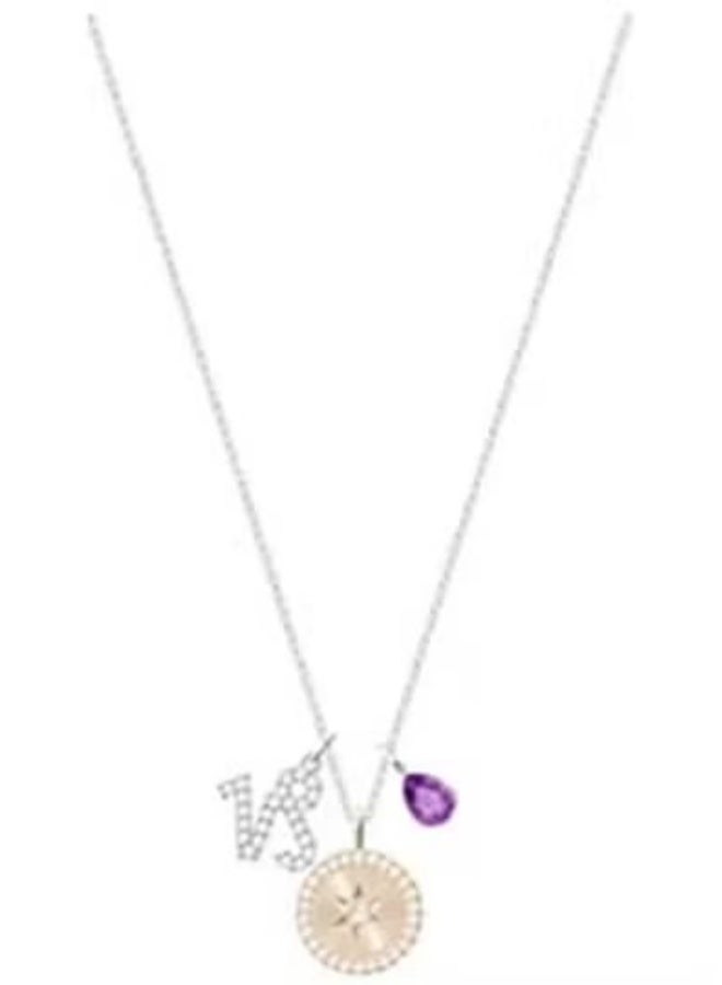 Swan Dainty Multi-Charm Necklace with Crystal Initial, Pearl Medallion & Purple Drop