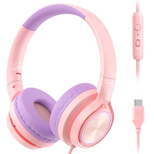 Bywulanda USBC Kids Headphones with Mic Safe Volume Limiter 8594dB Adjustable Headband Foldable Wired Headphones for Boys Girls Over Ear Headphones for SchoolChromebookTabletLaptopTravel - Image 1