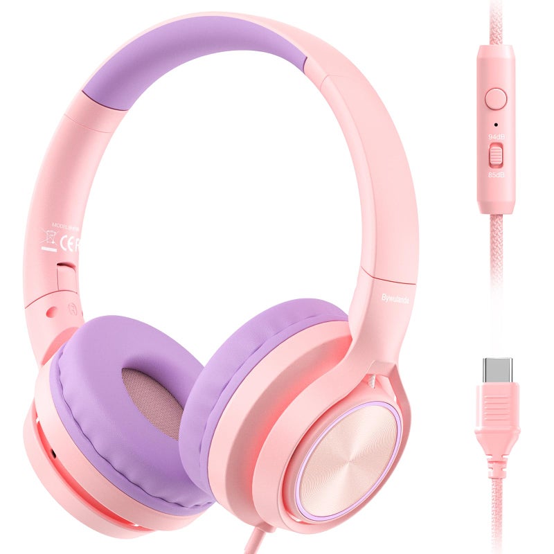 Bywulanda USBC Kids Headphones with Mic Safe Volume Limiter 8594dB Adjustable Headband Foldable Wired Headphones for Boys Girls Over Ear Headphones for SchoolChromebookTabletLaptopTravel - Image 2