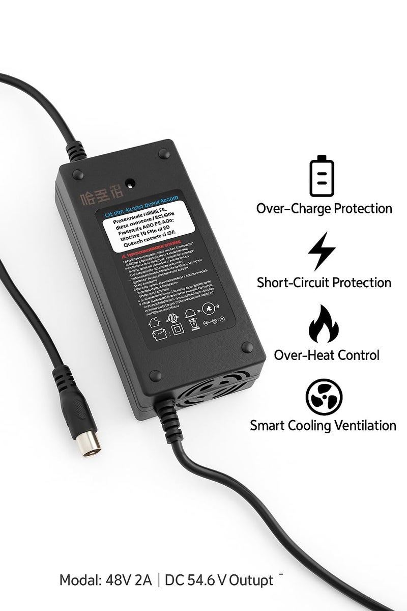 Fukukawa شاحن فوكوكابا® ‎48V 2A للدراجات الكهربائية والسكوترات الكهربائية | خرج ‎DC ‎54.6V ومدخل ‎220V ‎50Hz | شاحن بطارية ليثيوم ذكي مزوّد بقابس بريطاني وحماية متعددة | شحن سريع وآمن لدراجات التوصيل - Image 5