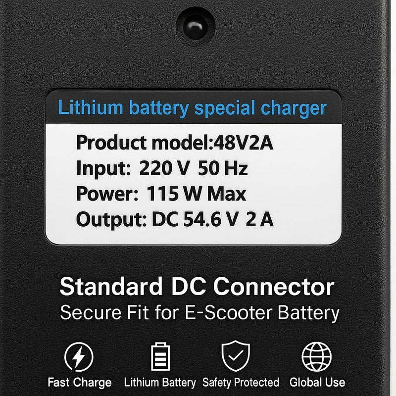 Fukukawa شاحن فوكوكابا® ‎48V 2A للدراجات الكهربائية والسكوترات الكهربائية | خرج ‎DC ‎54.6V ومدخل ‎220V ‎50Hz | شاحن بطارية ليثيوم ذكي مزوّد بقابس بريطاني وحماية متعددة | شحن سريع وآمن لدراجات التوصيل - Image 4