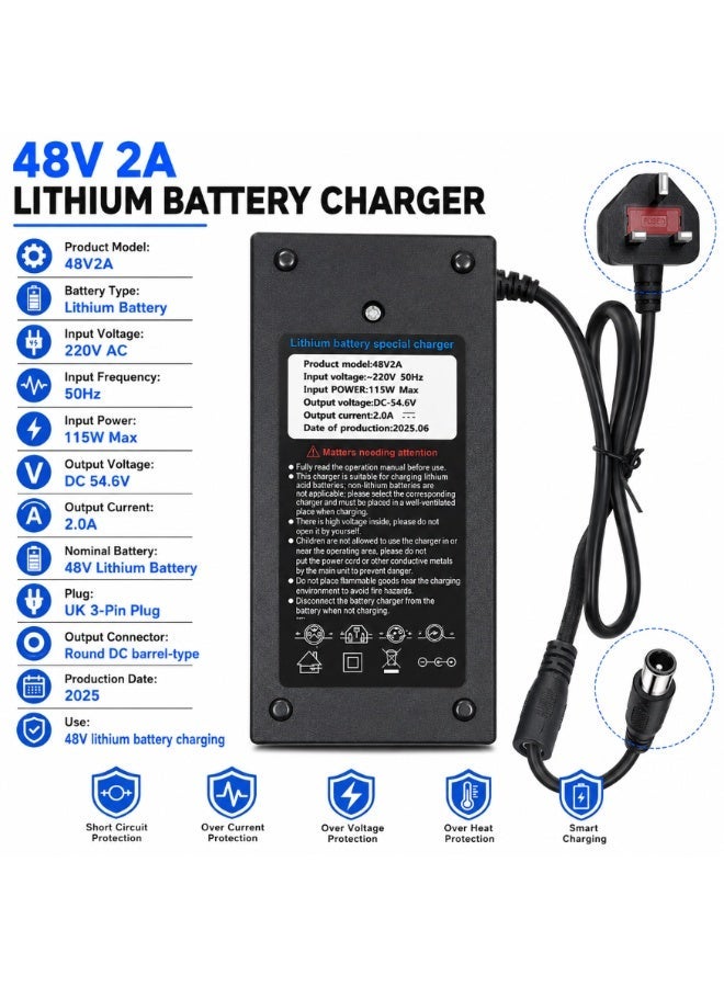 Fukukawa شاحن فوكوكابا® ‎48V 2A للدراجات الكهربائية والسكوترات الكهربائية | خرج ‎DC ‎54.6V ومدخل ‎220V ‎50Hz | شاحن بطارية ليثيوم ذكي مزوّد بقابس بريطاني وحماية متعددة | شحن سريع وآمن لدراجات التوصيل - Image 1