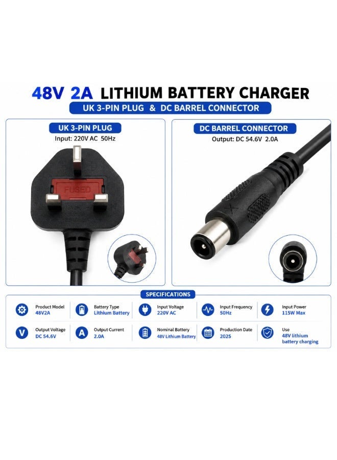 Fukukawa شاحن فوكوكابا® ‎48V 2A للدراجات الكهربائية والسكوترات الكهربائية | خرج ‎DC ‎54.6V ومدخل ‎220V ‎50Hz | شاحن بطارية ليثيوم ذكي مزوّد بقابس بريطاني وحماية متعددة | شحن سريع وآمن لدراجات التوصيل - Image 4