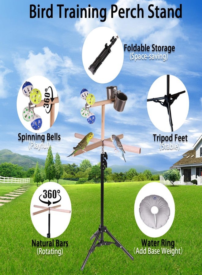 hereex Bird Stand for Inside, Training T-Perch with 15-39 Inch Adjustable Height Tri-pod Base, Parakeet Spinning Perch with Feeding Cups, Water Bag to Add Weight and Stanble Parrot Exercise Stand for Inside - Image 3