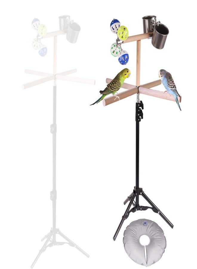 hereex Bird Stand for Inside, Training T-Perch with 15-39 Inch Adjustable Height Tri-pod Base, Parakeet Spinning Perch with Feeding Cups, Water Bag to Add Weight and Stanble Parrot Exercise Stand for Inside - Image 1