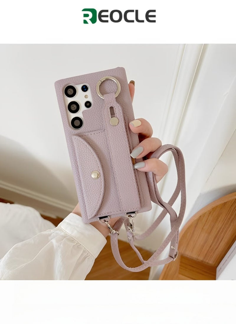 REOCLE Samsung Galaxy S23 Ultra Case with Card Holder & Crossbody Shoulder Strap & Wristband Litchi Texture Phone Cover Case for Galaxy S23 Ultra - Image 1