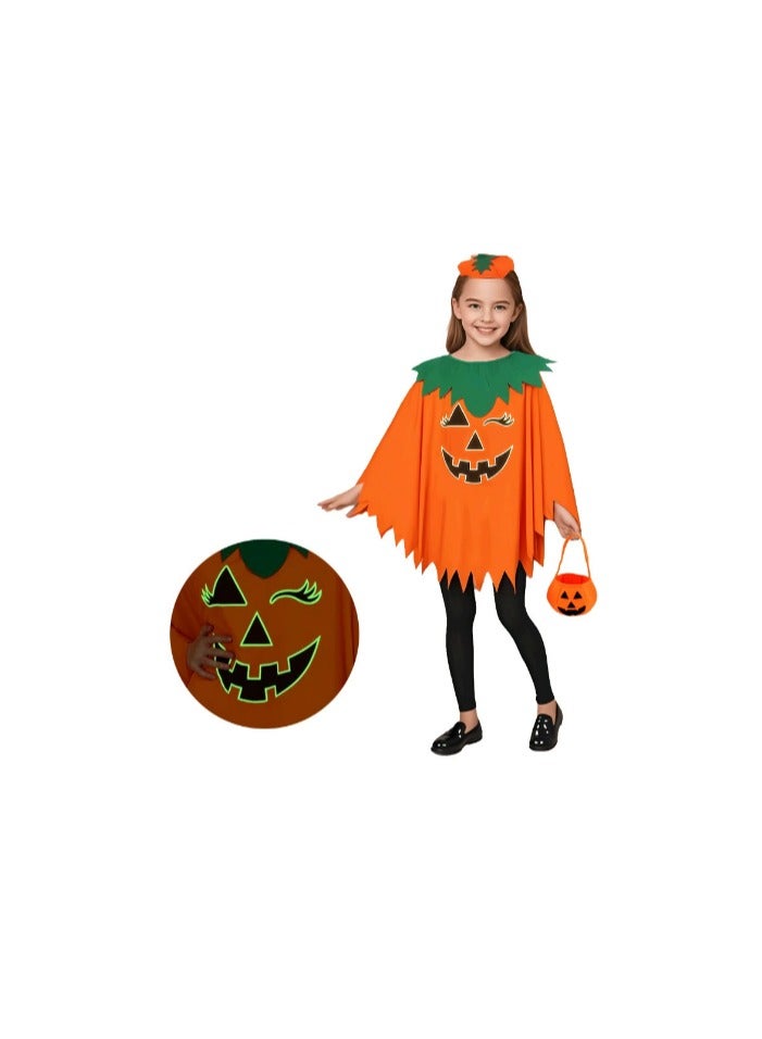 CityRiya-Long Kids Halloween Pumpkin 3 Piece Costume Set - Toddler Girls Pumpkin Cape, Headband & Candy Bag, Cute Adorable Halloween Cosplay Outfit - Image 1