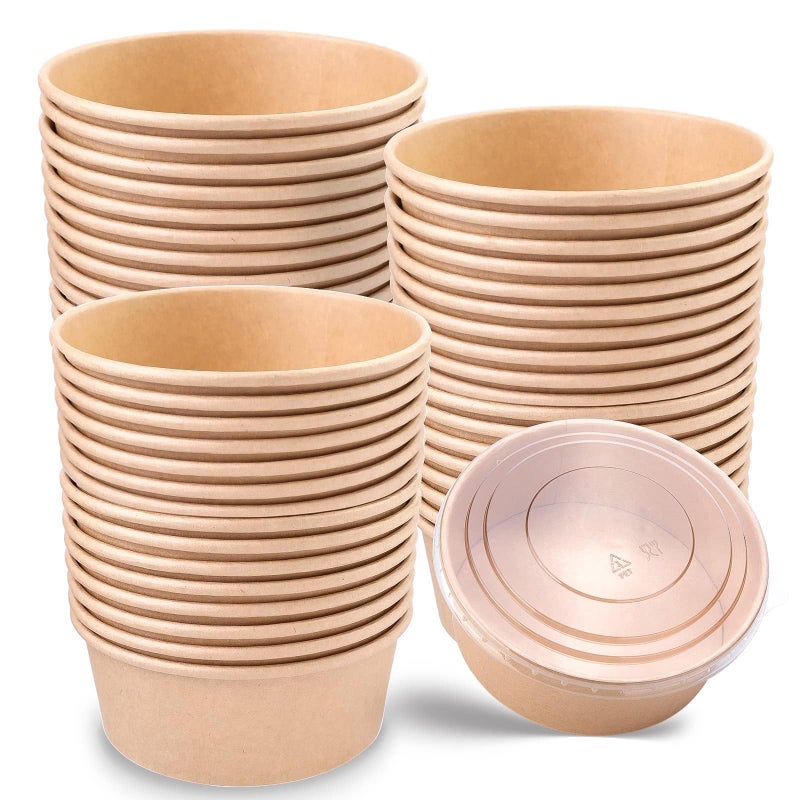 Fniiva 25 oz 50 Pack Paper Bowls With Lids  Disposable Food Containers for Diet Salad Ice Cream Yogurt Party Food