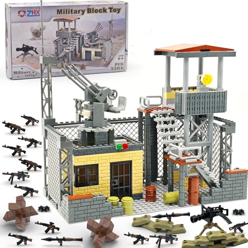 ZHX Military Base Building Block Sets  550pcs War Defence Base with Guard Tower Prison and Air Defence Gun WW2 Army Military Weapon Pack Accessories Kits Brick Toy for Kids - Image 1