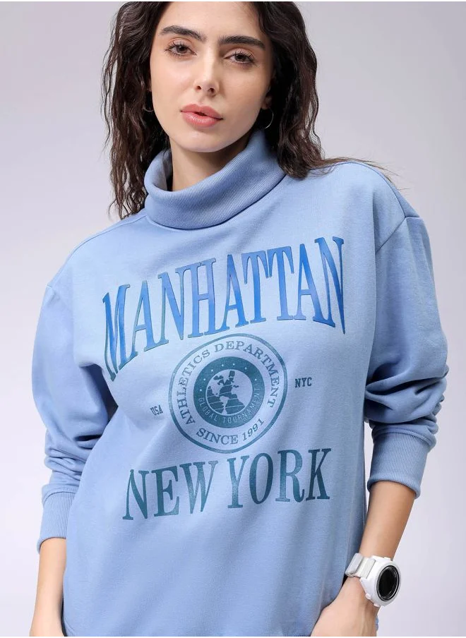 Freehand Women Boxy Blue Printed Round Neck Long Sleeve Sweatshirt