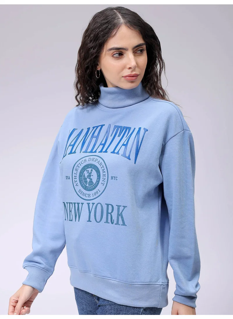 Freehand Women Boxy Blue Printed Round Neck Long Sleeve Sweatshirt