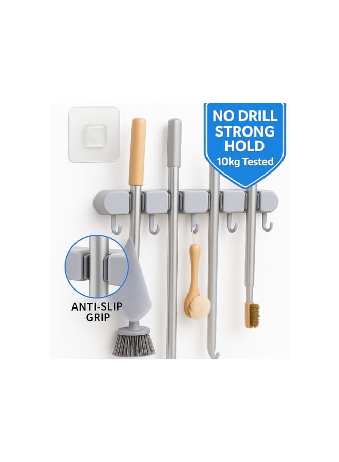 erorex No-Drill Broom & Mop Holder Wall Mount ‚Äì Heavy-Duty Adhesive Rack with 4 Grip Slots & 5 Hooks ‚Äì Strong Tool Organizer for Kitchen, Bathroom, Garage, Laundry - Image 3