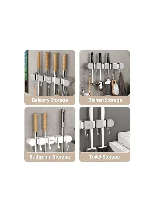 erorex No-Drill Broom & Mop Holder Wall Mount ‚Äì Heavy-Duty Adhesive Rack with 4 Grip Slots & 5 Hooks ‚Äì Strong Tool Organizer for Kitchen, Bathroom, Garage, Laundry - Image 4