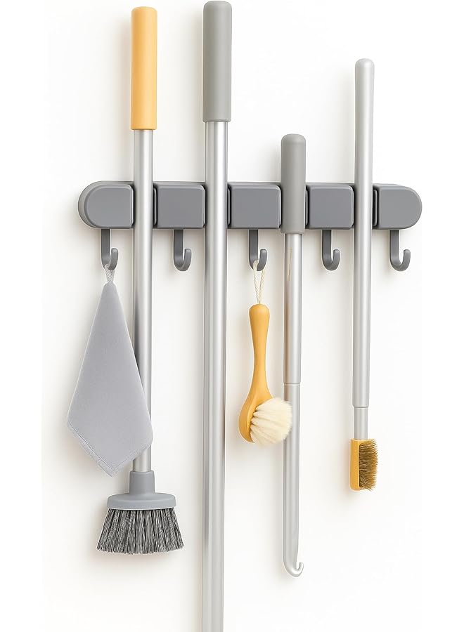 erorex No-Drill Broom & Mop Holder Wall Mount ‚Äì Heavy-Duty Adhesive Rack with 4 Grip Slots & 5 Hooks ‚Äì Strong Tool Organizer for Kitchen, Bathroom, Garage, Laundry - Image 1