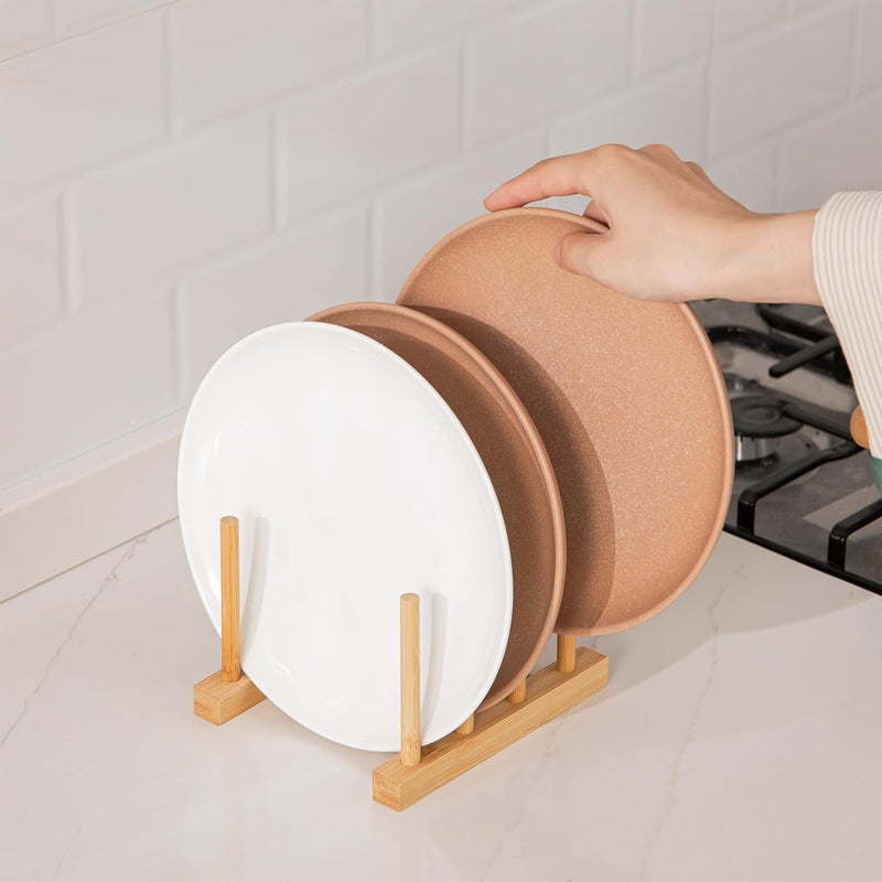 HBlife 4pcs Bamboo Dish Plate Bowl Cup Book Pot Lid Cutting Board Drying Rack Stand Drainer Storage Holder Organizer Kitchen Cabinet - Image 4