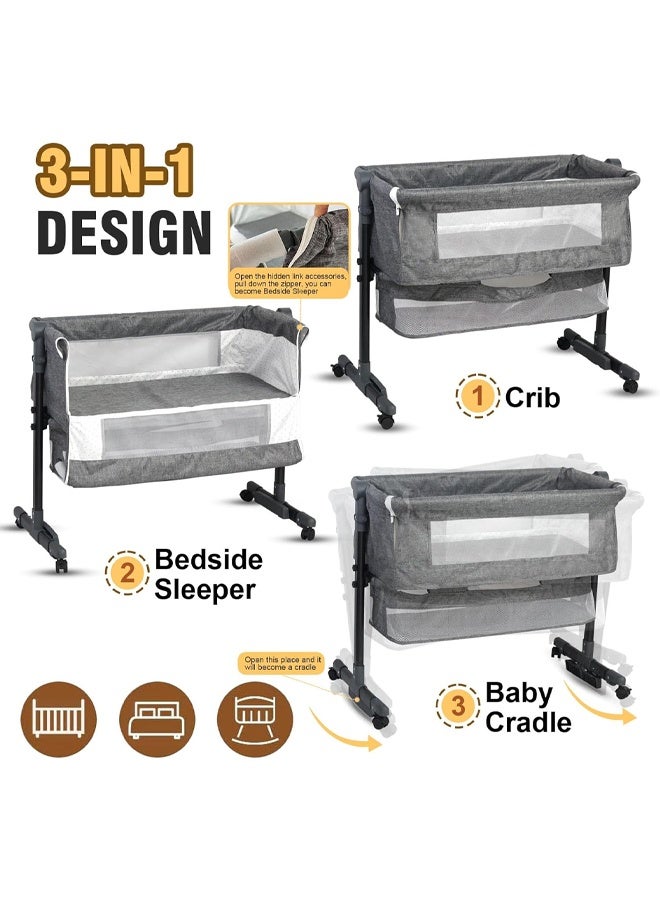 DUNISO Baby Crib，Portable Adjustable Baby Bedside Crib with Large Storage Basket, Travel Crib with Breathable Mosquito Net and Soft Mattress and 360°Swivel Wheels,can be Used Indoors and Outdoors - Image 5