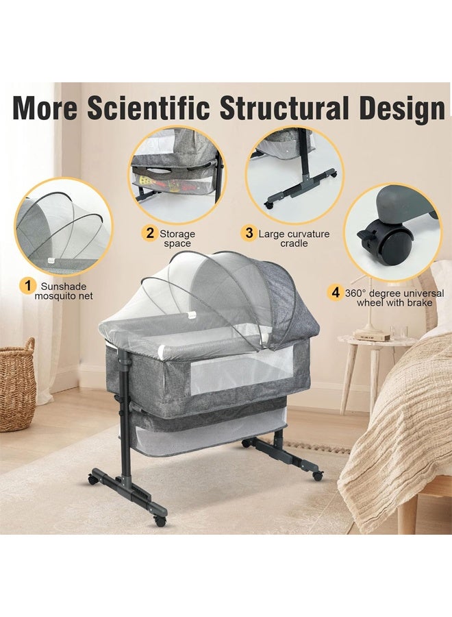 DUNISO Baby Crib，Portable Adjustable Baby Bedside Crib with Large Storage Basket, Travel Crib with Breathable Mosquito Net and Soft Mattress and 360°Swivel Wheels,can be Used Indoors and Outdoors - Image 3