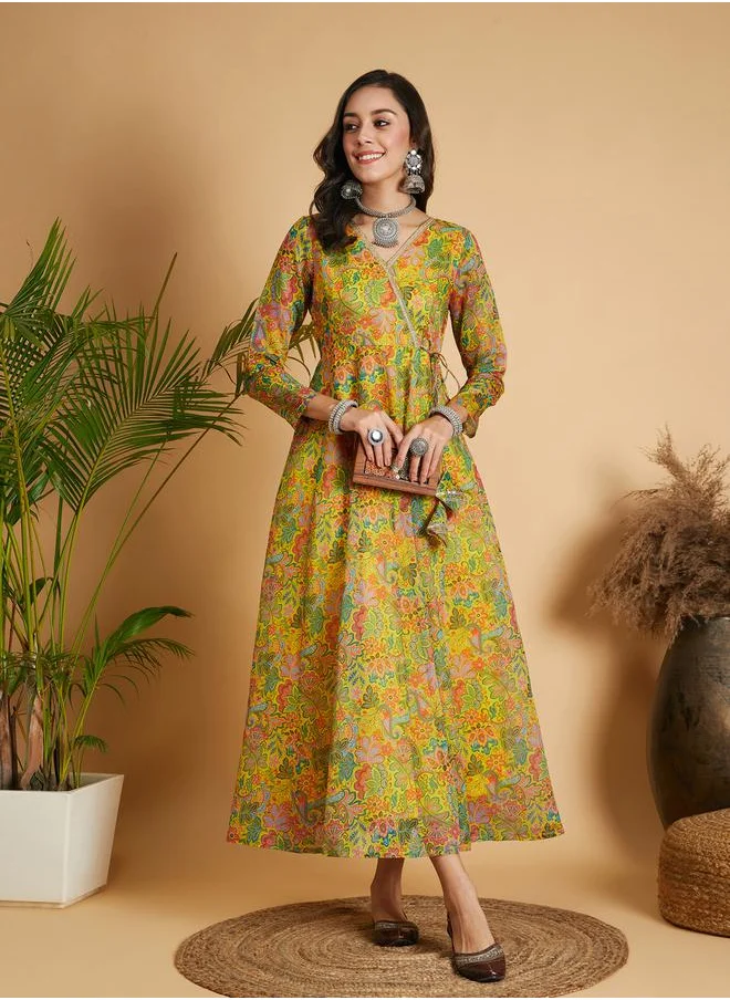SASSAFRAS Floral Print Lace Trim Wrap Maxi Dress by Styli