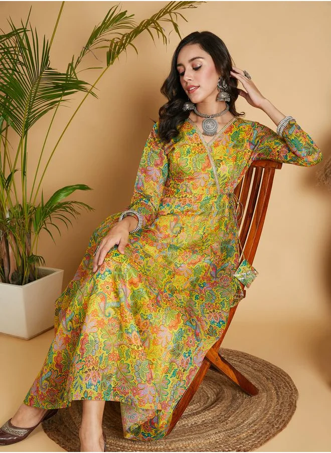 SASSAFRAS Floral Print Lace Trim Wrap Maxi Dress by Styli