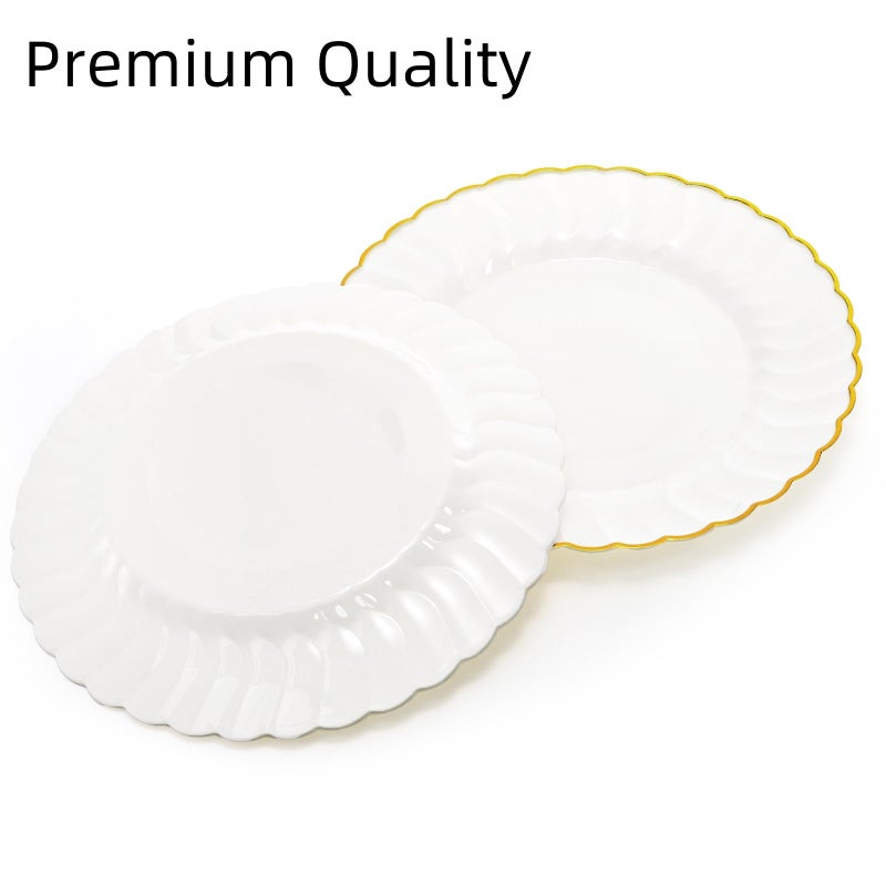 Coloch 50 Pack Gold Plastic Plates, 6 Inch White with Gold Rim Round Disposable Appetizer Dessert Plates for Wedding, Buffet, Party, Catering - Image 4
