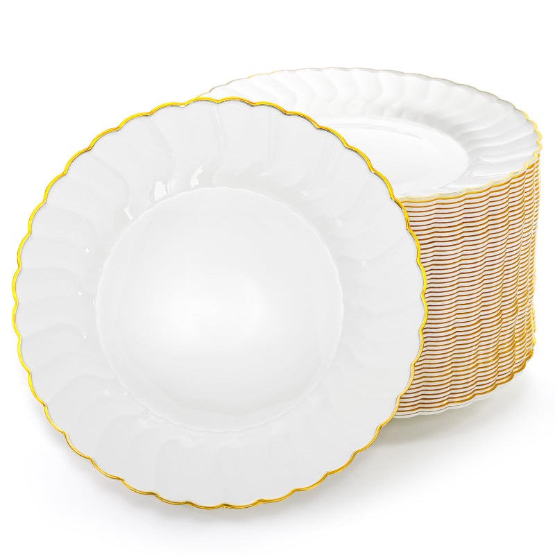 Coloch 50 Pack Gold Plastic Plates, 6 Inch White with Gold Rim Round Disposable Appetizer Dessert Plates for Wedding, Buffet, Party, Catering - Image 1
