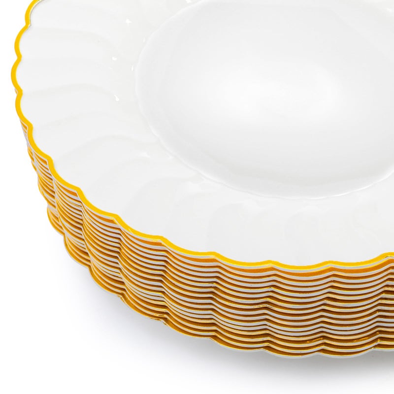 Coloch 50 Pack Gold Plastic Plates, 6 Inch White with Gold Rim Round Disposable Appetizer Dessert Plates for Wedding, Buffet, Party, Catering - Image 3