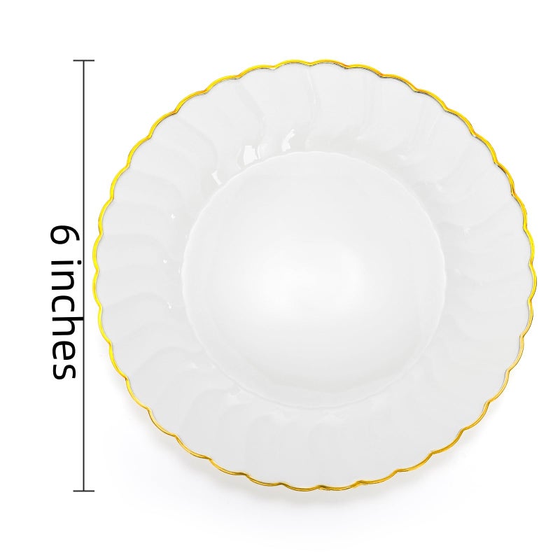 Coloch 50 Pack Gold Plastic Plates, 6 Inch White with Gold Rim Round Disposable Appetizer Dessert Plates for Wedding, Buffet, Party, Catering - Image 2