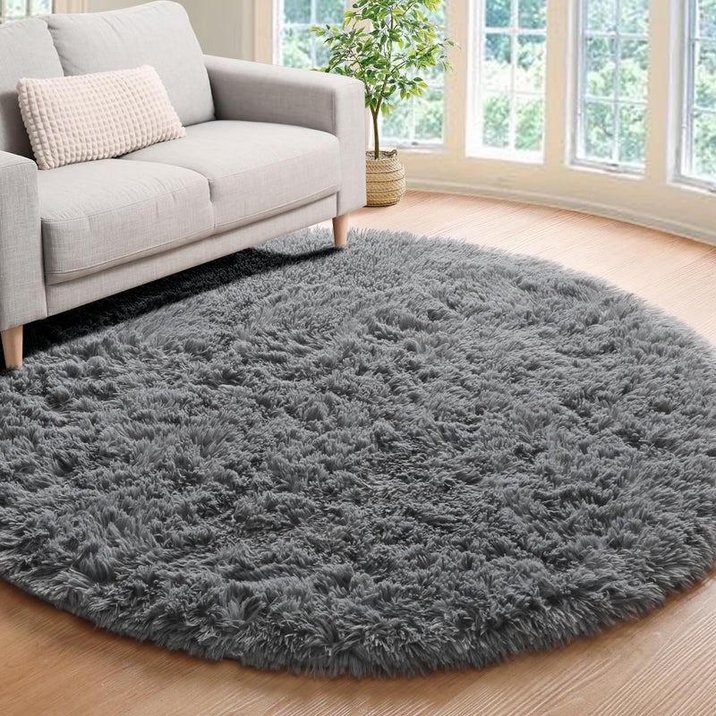 ONASAR Grey Round Area Rug 4ft Gray Soft Bedroom Circle Throw Rugs for Kids Girls Boys Teen Dorm Room Fluffy Plush Shaggy Carpet Mats for Nursery Living Room Playroom Home Office Decor Aesthetic
