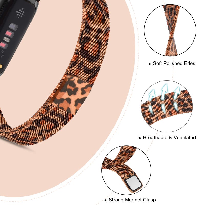 Vanjua for Fitbit Inspire 3 Bands Women Men, Stainless Steel Metal Mesh Loop Adjustable Magnetic Wristband Replacement Straps Compatible with Fitbit Inspire 3 Fitness Tracker (Leopard) - Image 3