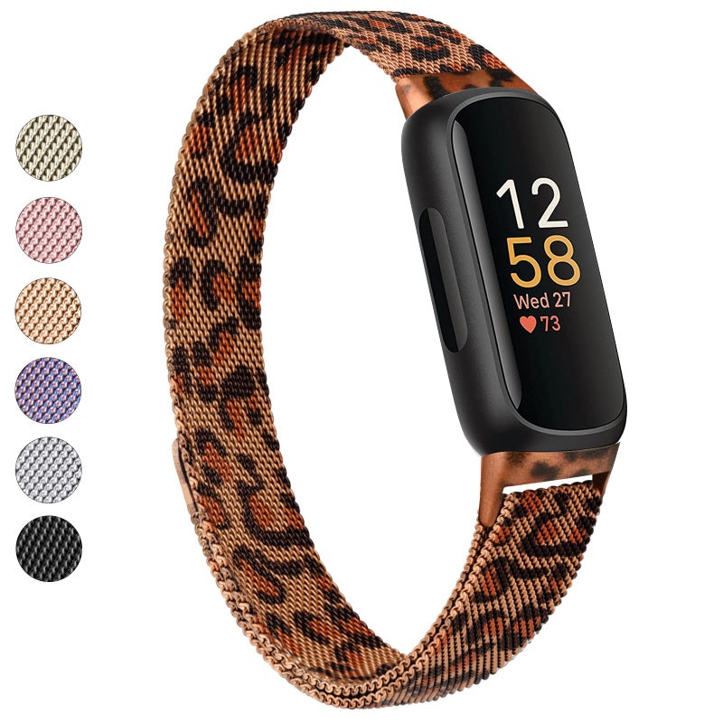 Vanjua for Fitbit Inspire 3 Bands Women Men, Stainless Steel Metal Mesh Loop Adjustable Magnetic Wristband Replacement Straps Compatible with Fitbit Inspire 3 Fitness Tracker (Leopard) - Image 1