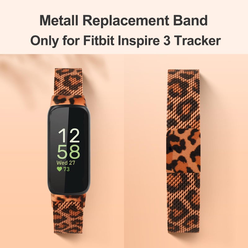 Vanjua for Fitbit Inspire 3 Bands Women Men, Stainless Steel Metal Mesh Loop Adjustable Magnetic Wristband Replacement Straps Compatible with Fitbit Inspire 3 Fitness Tracker (Leopard) - Image 2