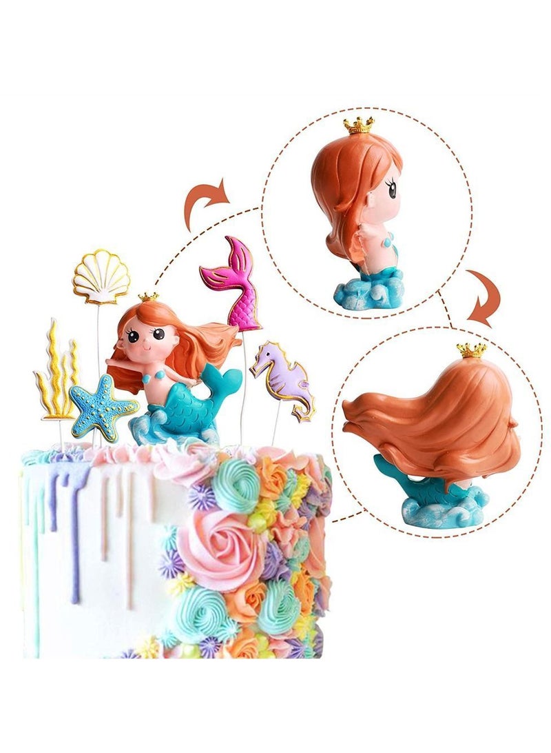 Y&D 6 Pack Resin 3D Mermaid Inspired Cake Topper Figurine with 2D Starfish Seaweed Seahorse Shell Tail Cupcake Toppers Picks Kids Birthday Party Wedding Decorations Supplies - Image 4