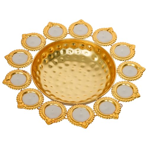 Webelkart Premium Diya Shape Gold Plated Decorative Urli Bowl with Wax Candle for Home Decor Handcrafted Bowl Diwali Decor Item (14.17 Inches) - Image 4