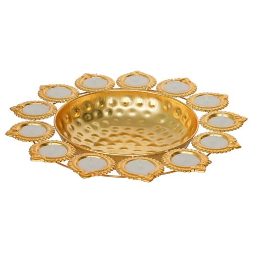 Webelkart Premium Diya Shape Gold Plated Decorative Urli Bowl with Wax Candle for Home Decor Handcrafted Bowl Diwali Decor Item (14.17 Inches) - Image 5