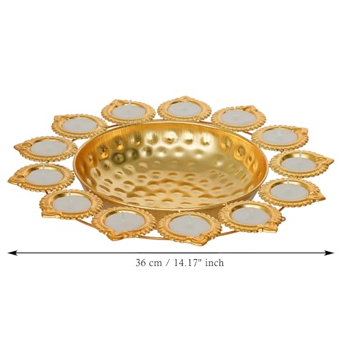 Webelkart Premium Diya Shape Gold Plated Decorative Urli Bowl with Wax Candle for Home Decor Handcrafted Bowl Diwali Decor Item (14.17 Inches) - Image 3