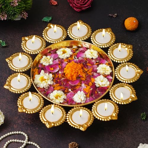 Webelkart Premium Diya Shape Gold Plated Decorative Urli Bowl with Wax Candle for Home Decor Handcrafted Bowl Diwali Decor Item (14.17 Inches) - Image 2