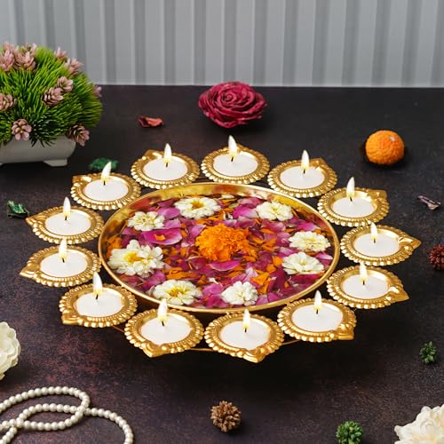 Webelkart Premium Diya Shape Gold Plated Decorative Urli Bowl with Wax Candle for Home Decor Handcrafted Bowl Diwali Decor Item (14.17 Inches) - Image 1