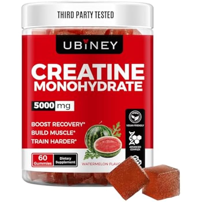 Ubiney جومي كرياتين مونوهيدرات 5000 ملغ لكل حصة - 60 جومي نباتي لنمو العضلات، القوة والتعافي، نكهة البطيخ، مختبر من طرف ثالث، خالي من الغلوتين، غير معدّل وراثيًا، بدون نكهات صناعية - Image 1