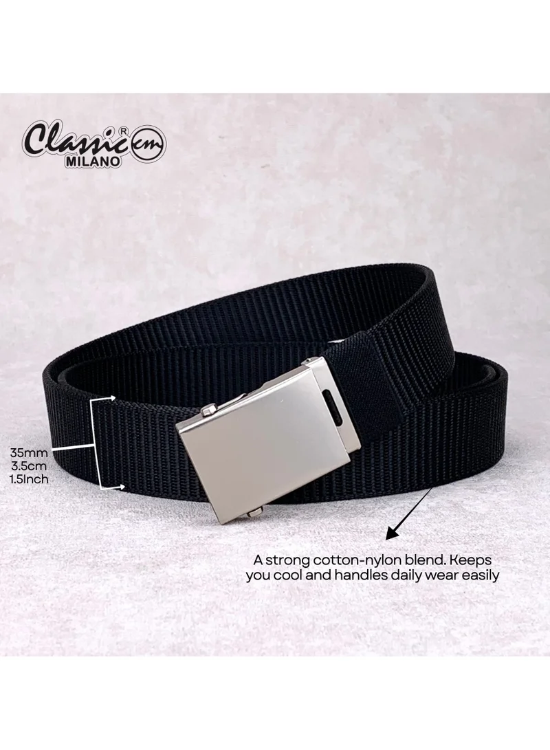 Classic Milano Black (GLDC-02) Classic Milano Nylon Web Belt for Men & Women – Tactical Adjustable No Holes Canvas Belt for Golf & Hiking with Metal Buckle, Heavy-Duty Casual Belt with Gift Box  | Best Price UAE