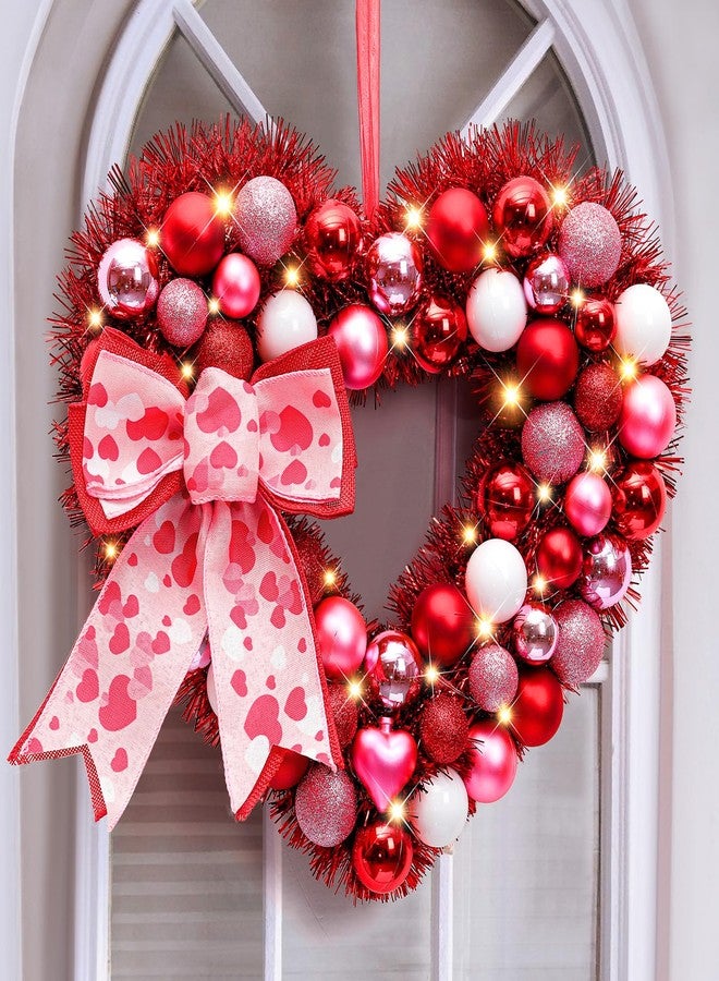 Alupssuc 14" Inch Valentine Heart Wreath with Bowknot and Lights by Batteries Operated for Front Door Wall Windows Valentine's Day Wedding Party Romantic Decorations,Gifts for Her/Him/Women/Men,Red - Image 1
