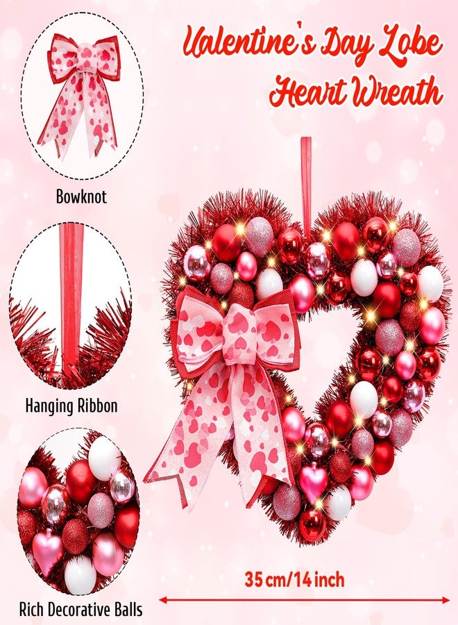 Alupssuc 14" Inch Valentine Heart Wreath with Bowknot and Lights by Batteries Operated for Front Door Wall Windows Valentine's Day Wedding Party Romantic Decorations,Gifts for Her/Him/Women/Men,Red - Image 2