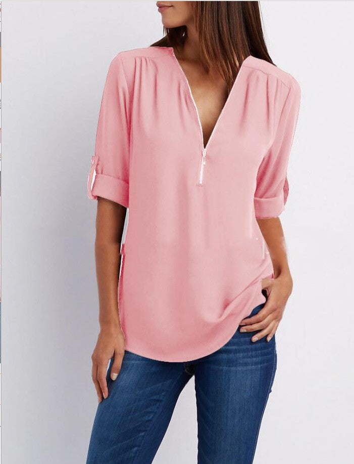 2026 V-Neck Zipper Plus Size Women's Long Sleeve Loose Chiffon Shirt