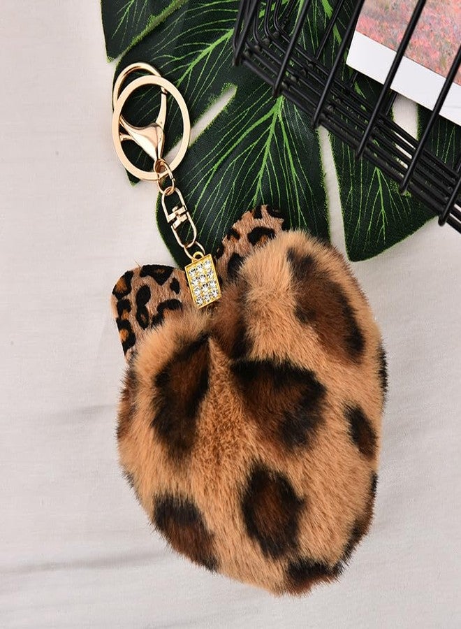 Sdopbinbin Leopard Bow Keychain for Purse Bag Charm Accessories Brown Puff Heart Keychain Fluffy Leopard Print Heart Key Chain Charm Y2k Keyring for Backpack Car Keys Key Chain Cute Puffy Key chain - Image 4