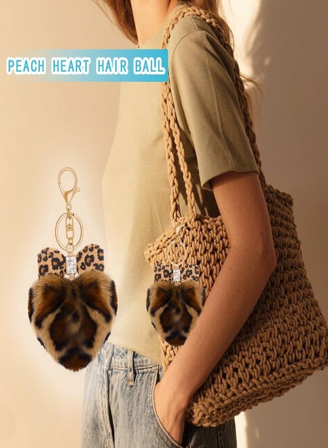 Sdopbinbin Leopard Bow Keychain for Purse Bag Charm Accessories Brown Puff Heart Keychain Fluffy Leopard Print Heart Key Chain Charm Y2k Keyring for Backpack Car Keys Key Chain Cute Puffy Key chain - Image 5